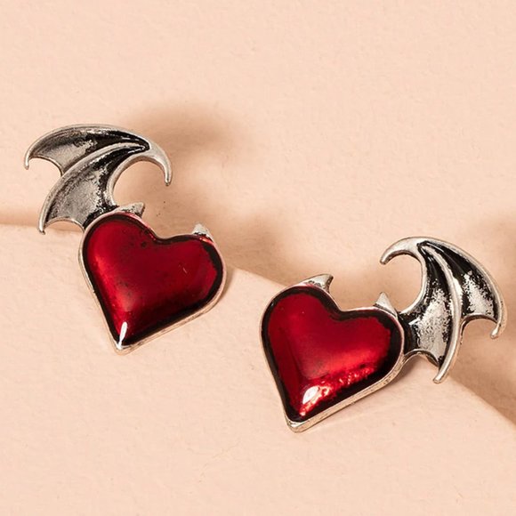 Little Bat Wing  Red  Enamel Heart Post Earrings Goth - Picture 3 of 3